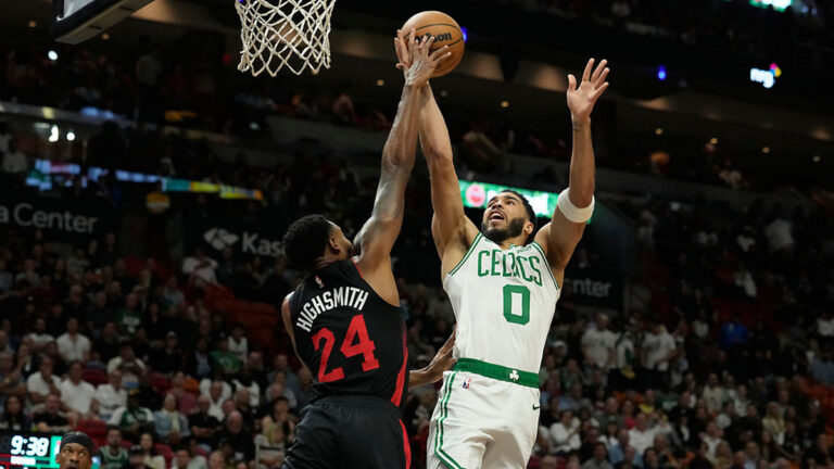 In the East Finals rematch, Tatum scores 26 points as the Celtics humiliate the Heat, 143-110.